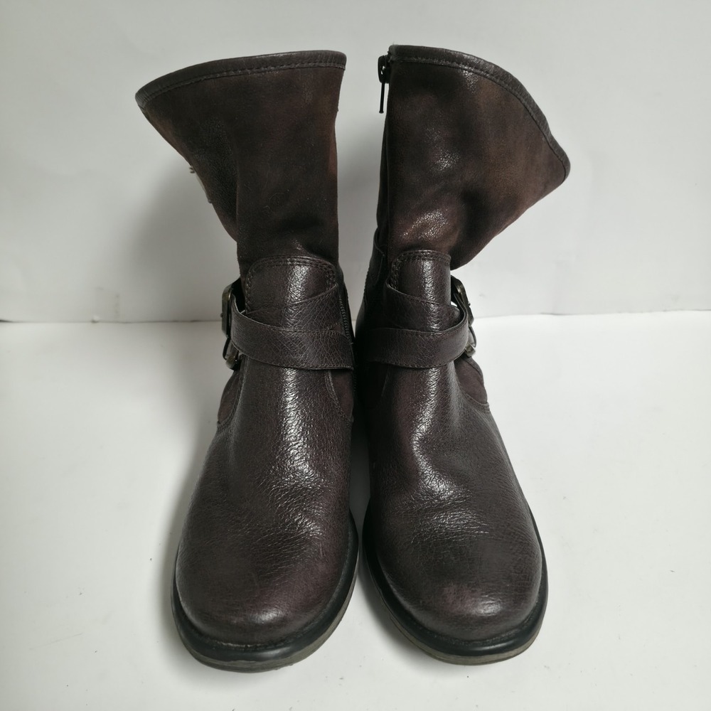 Baretraps Sabella Brown Leather Moto Boots Faux Fur Lined Buckle Women's 8M - Picture 2 of 16
